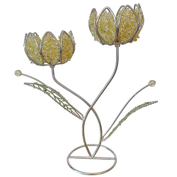 4-Piece Set Lotus Flower Votive Candle Holders Beaded Yellow Silver Unique - Picture 1 of 12